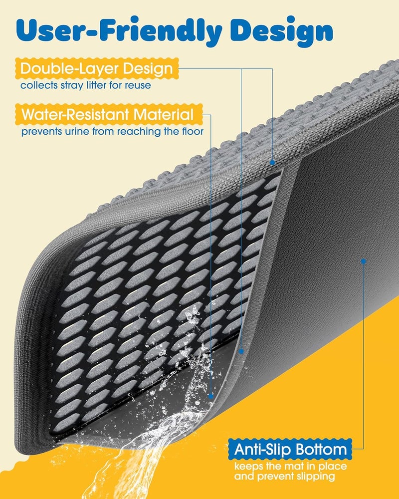 Powools 35" x 30" Cat Litter Mats (2-Pack) - Ultra-Large Litter Box Mats with Double Layers, Urine-Proof and Non-Slip Litter Trapping Mats, Easy to Clean Kitty Litter Mats for Floor, Scatter Control, Grey - Image 5